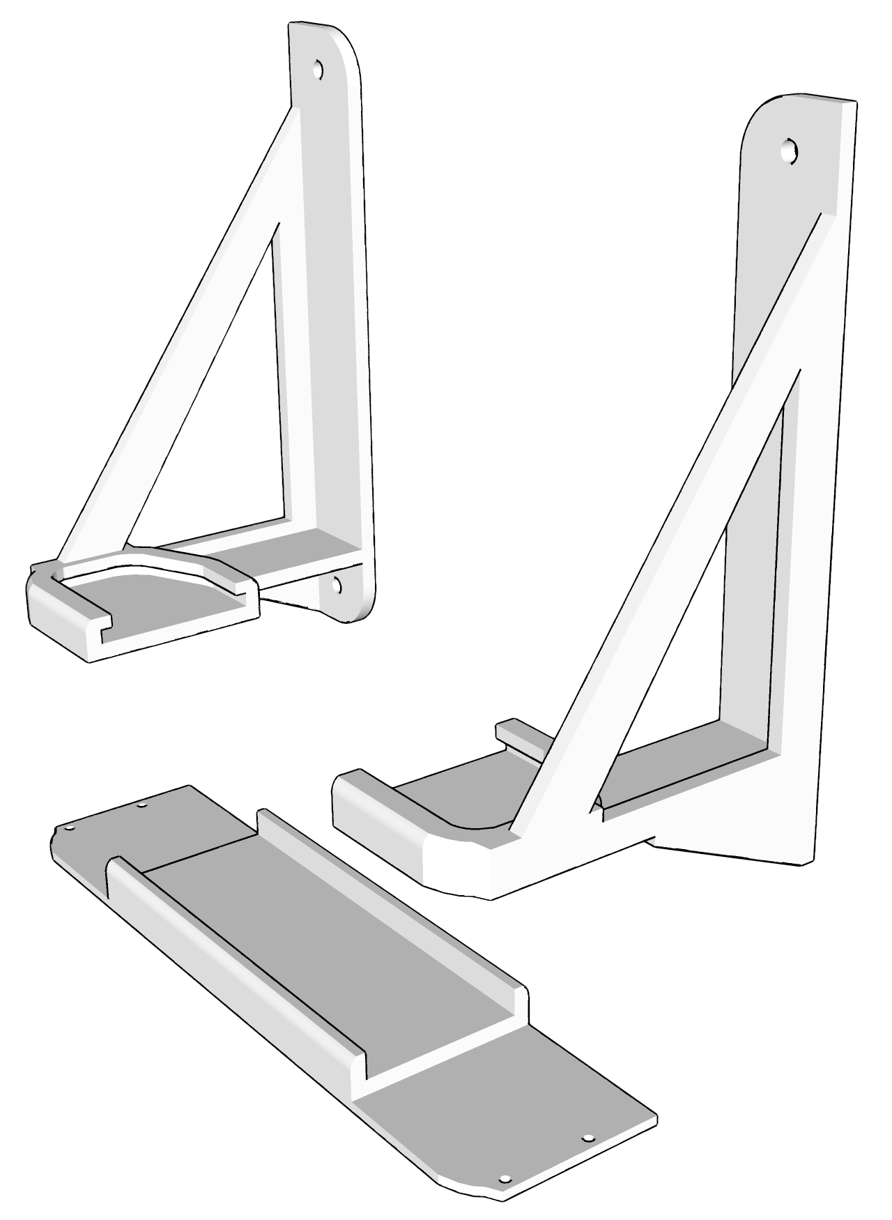 A picture of a series of CAD images in grey and white with strong black lines depicting a flat object underneath two others that are L shaped with a supporting beam.