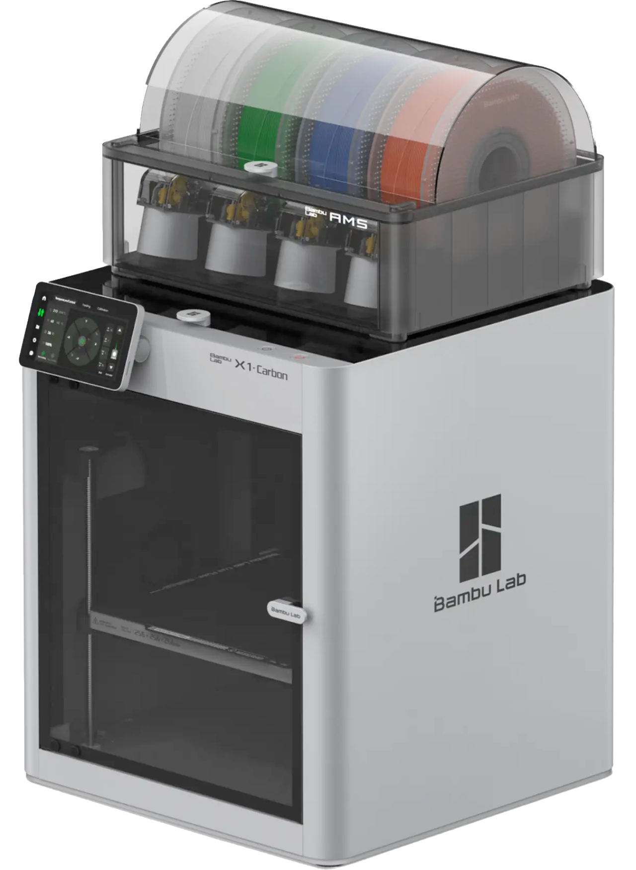 A picture of a modern 3D printer with a silver aluminium casing and a dark glass front door. On top there is a machine with four different colours of plastic filament that feeds the printer.