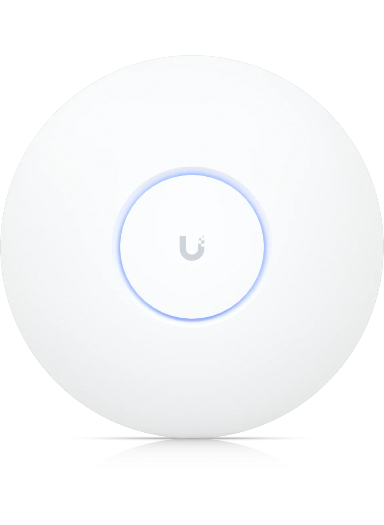 A picture of a white round wireless access point with a blue glowing ring in the middle.